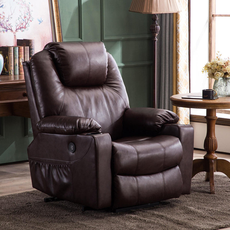 Electric Power Lift Recliner Chair Sofa with Massage and Heat for Elderly, 3 Positions, 2 Side Pockets, and Cup Holders