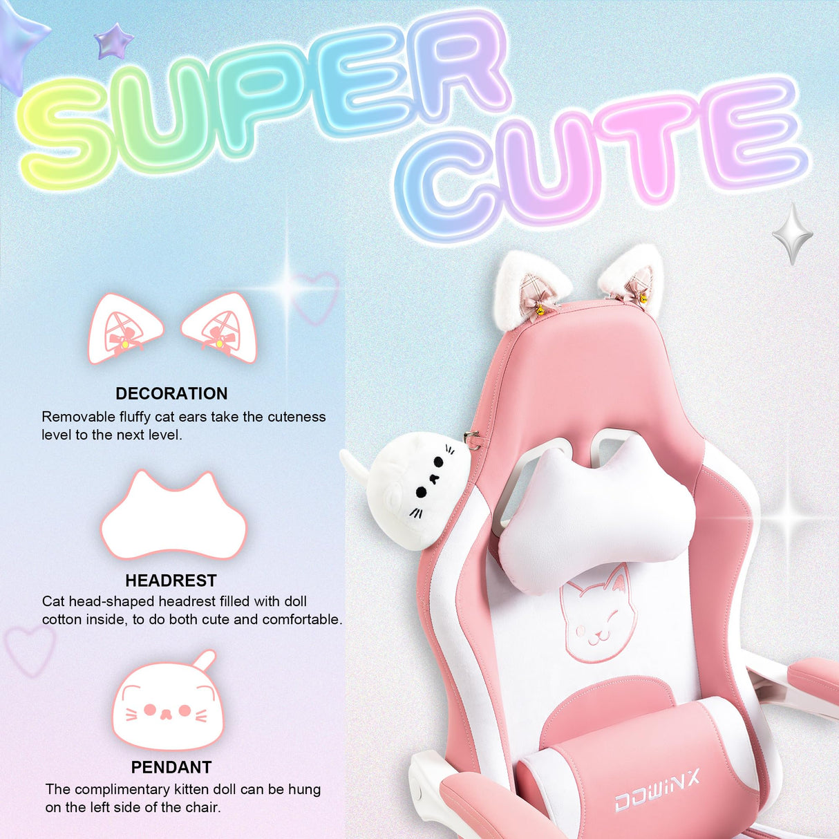 Gaming Chair Cute with Cat Ears and Massage Lumbar Support