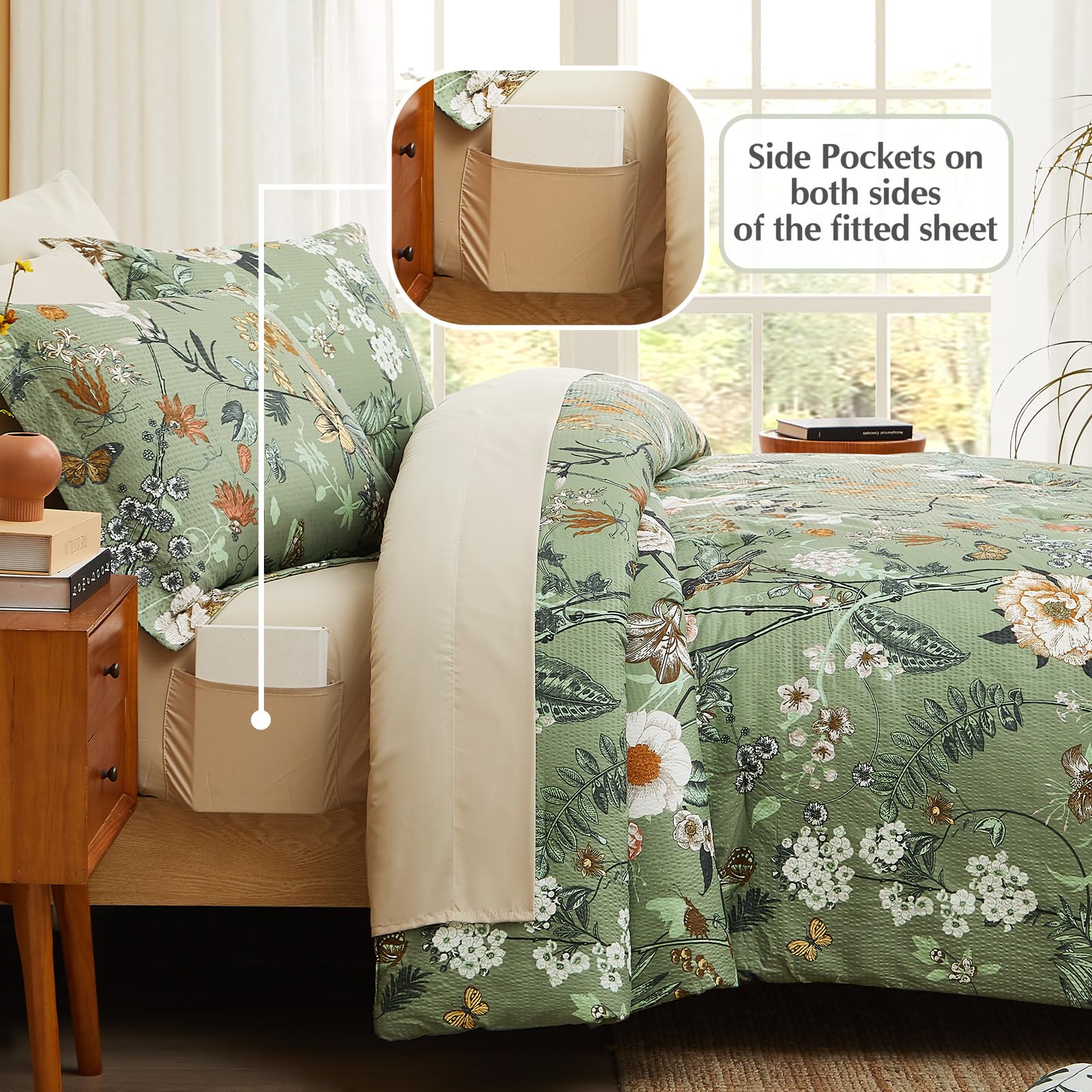 Queen Comforter Set, 7 PCS Green Butterfly Floral Comforter Set