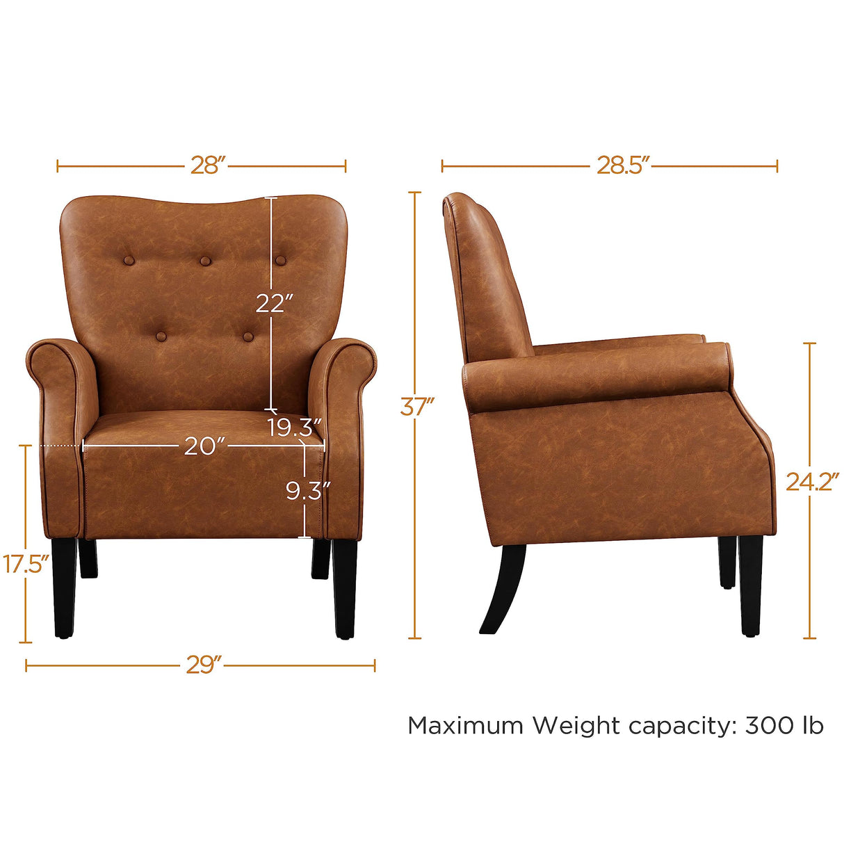 Modern Armchair, Mid Century PU Leather Accent Chair with Sturdy Wood Legs