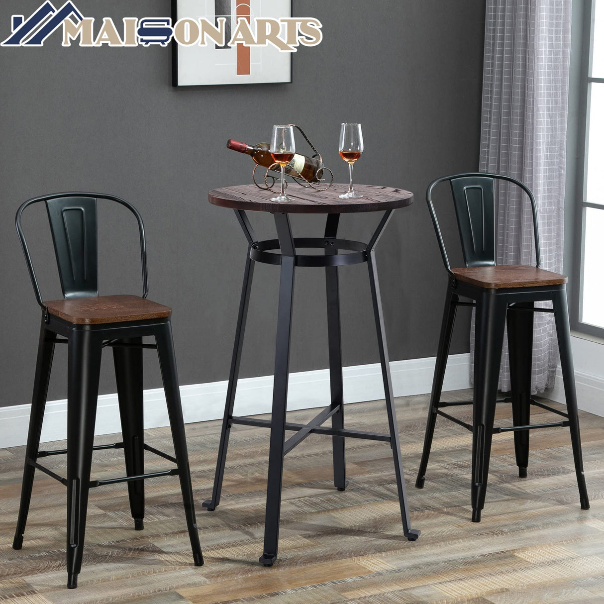 41" Metal Bar Table Round Wood Top Pub Table Bar Height Cocktail Table