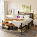 Canopy Bed Frames Full Size Metal Platform with Charging Station, Headboard and Footboard