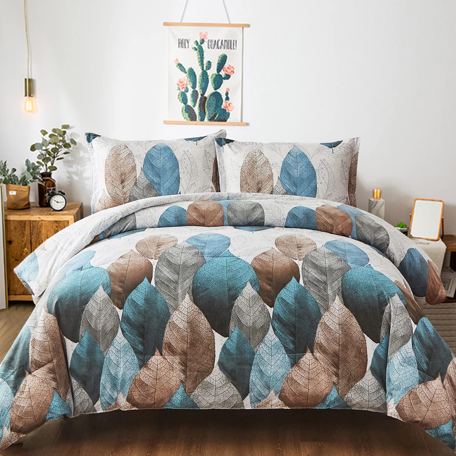 Botanical Comforter Set Queen Size 3 Pieces Floral Reversible Blue Leaves Comforter
