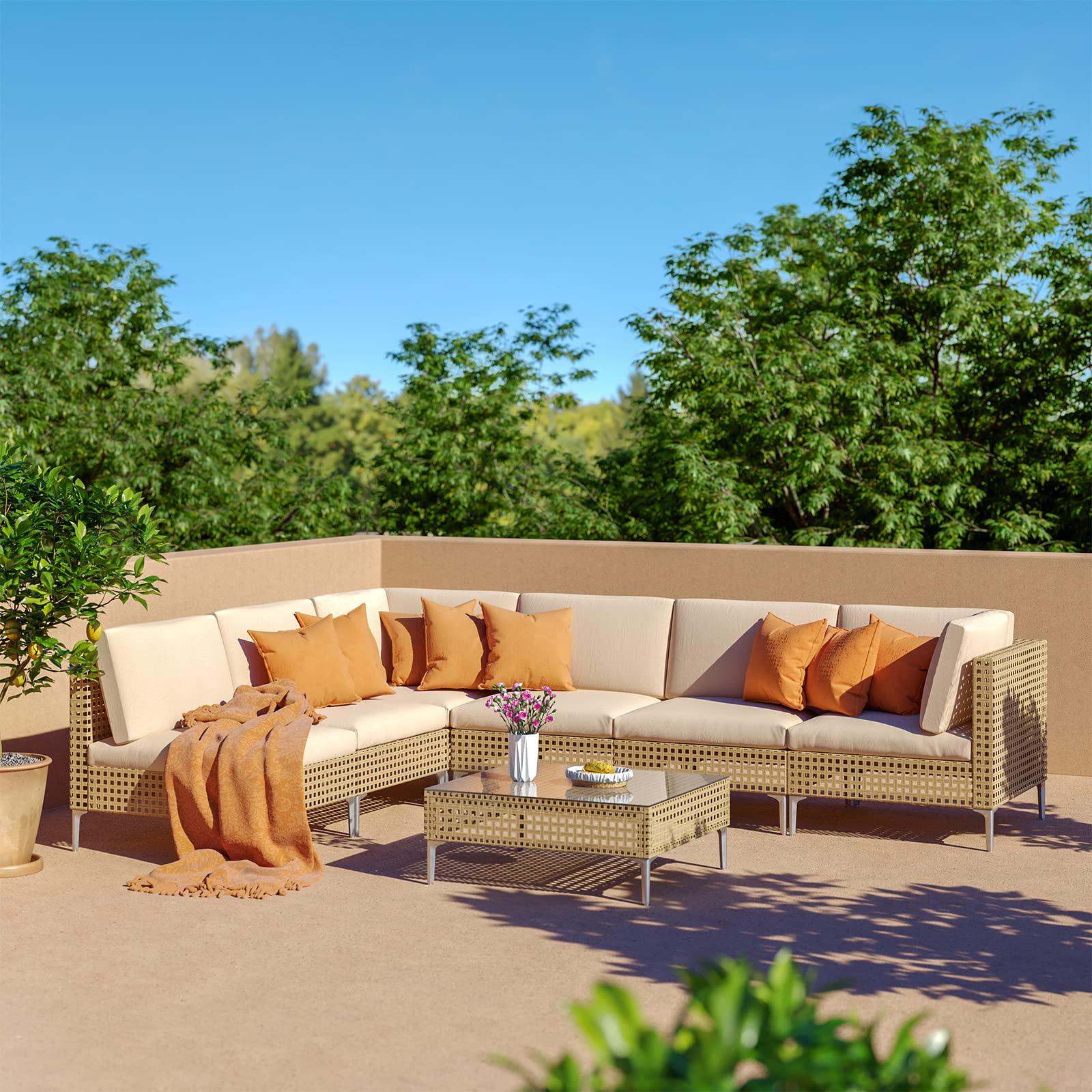 7-Piece Wicker Patio Furniture Set, All-Weather Outdoor Sectional Sofa