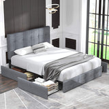 Upholstered Queen Size Platform Bed Frame with 4 Storage Drawers