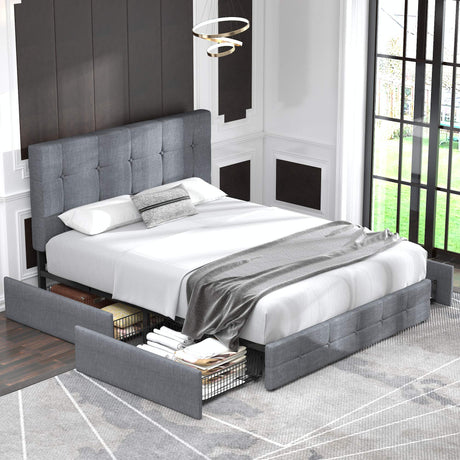 Upholstered Queen Size Platform Bed Frame with 4 Storage Drawers