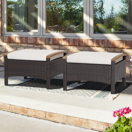 2 Piece Patio Rattan Ottomans, Wicker Footstool w/Acacia Wood Handles