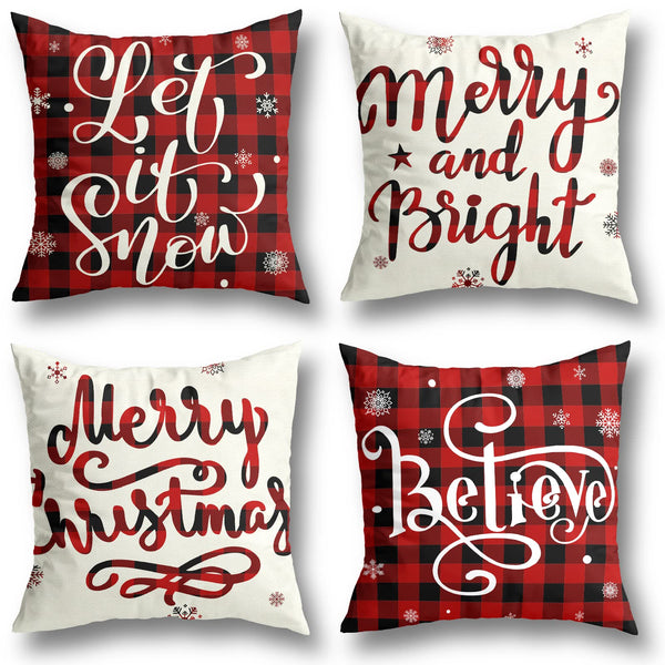 Christmas Decorations Pillow Covers Set of 4 Farmhouse Buffalo Plaid Black and Red Throw Pillow Case