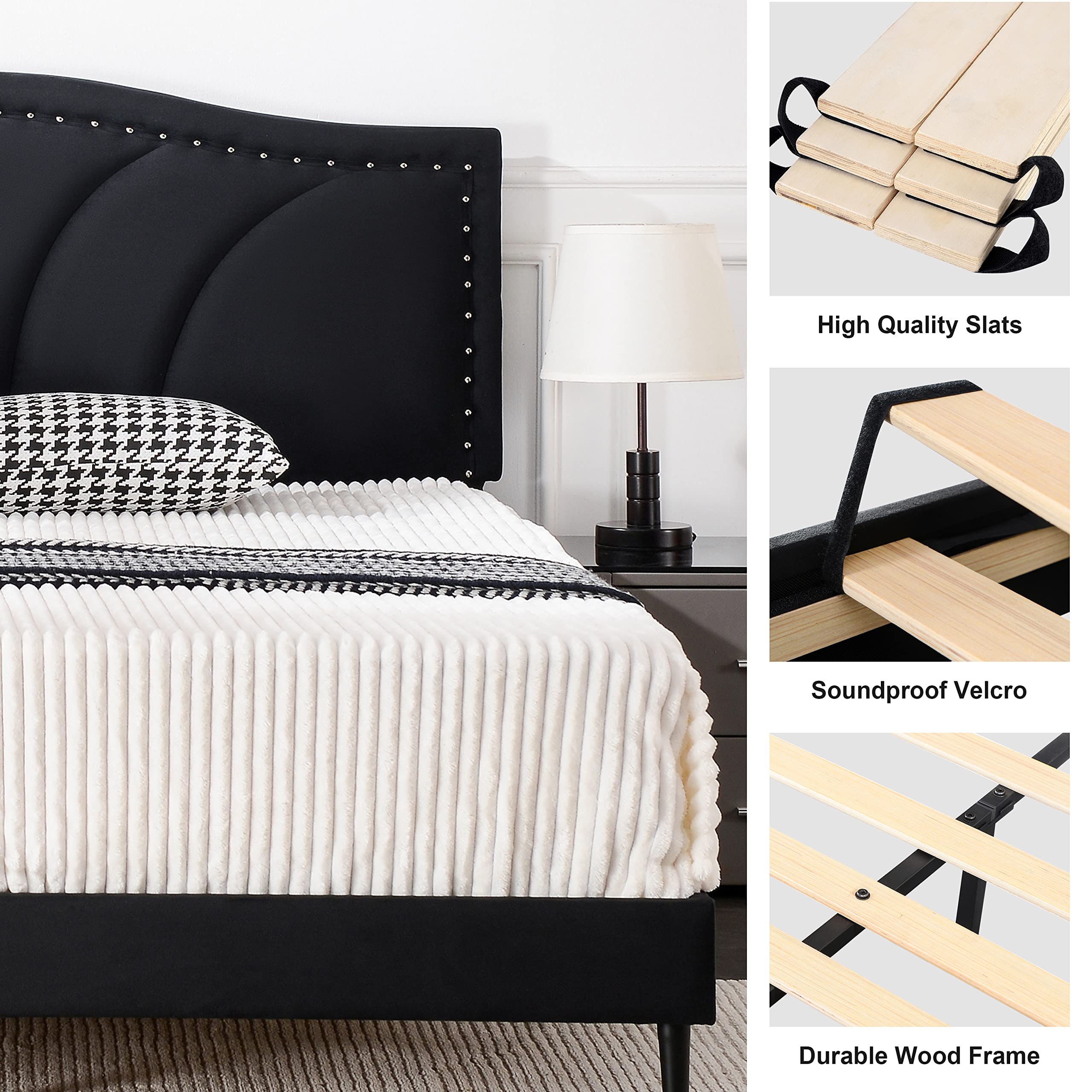 King Size Bed Frame Velvet Upholstered Platform Bed with Decorative Line & Nailhead