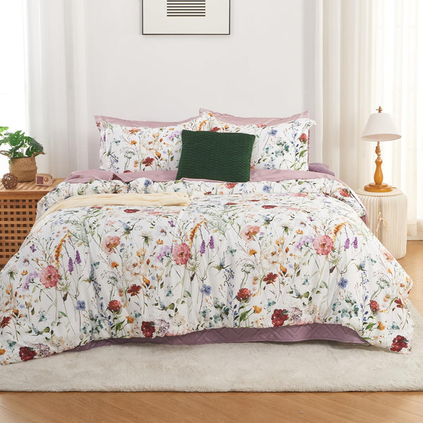 Floral Comforter Set, Twin Size Comforter Set with Flowers Leaves Pattern On White