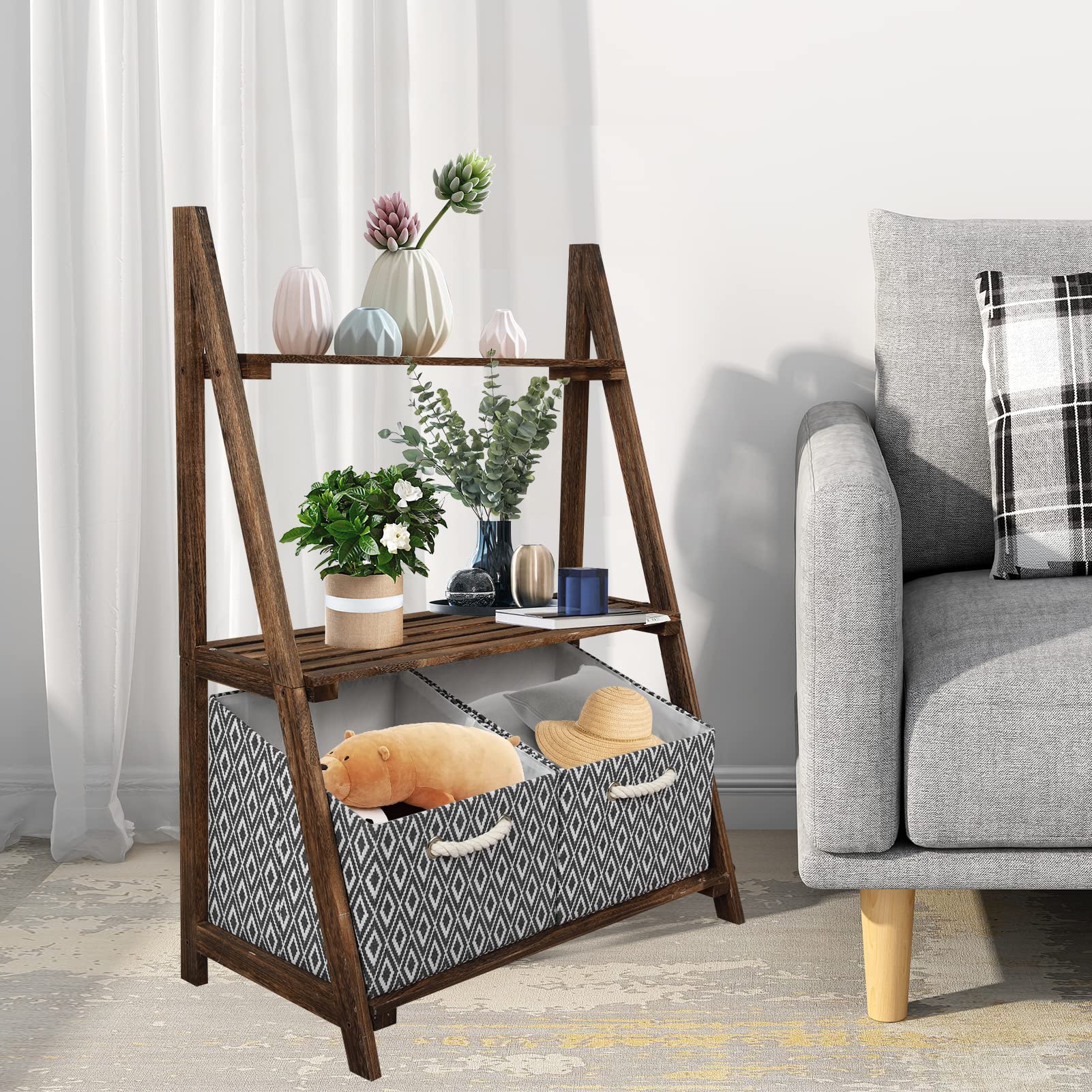 Rustic 3-Tier Wooden Ladder Shelf – Small Storage Stand with Baskets