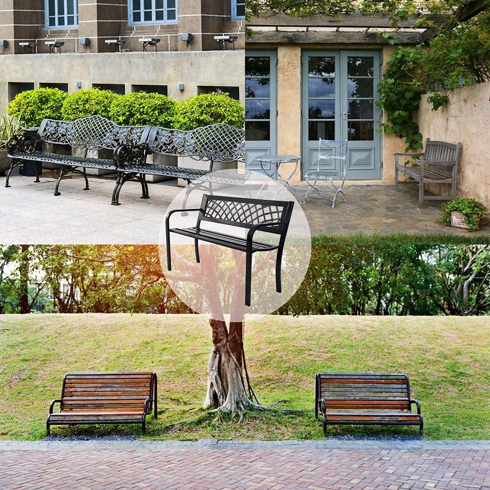 Patio Metal Park Bench with Armrests Sturdy Steel  for Yard Porch Entryway