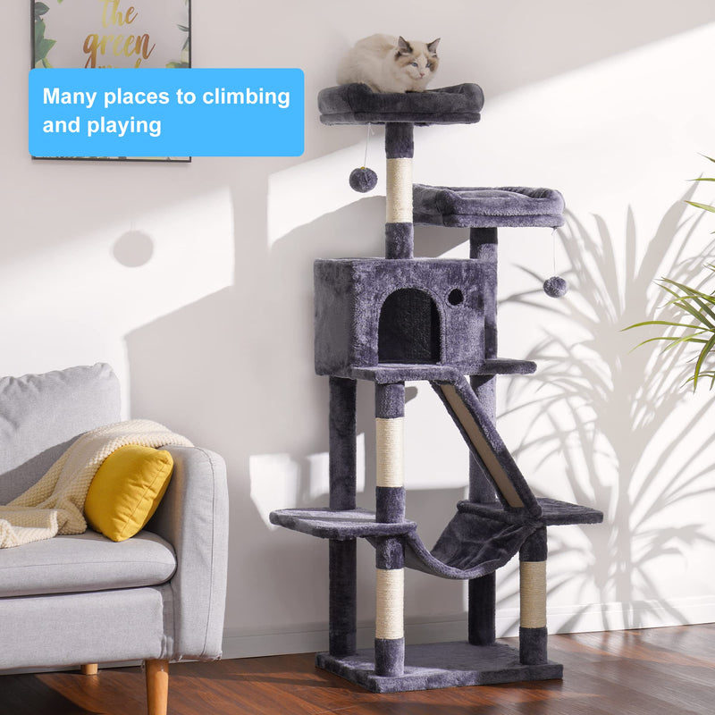 Cat Tree, 57" Cat Tower with Scratching Posts, Multi-Level with hammocks, Toys