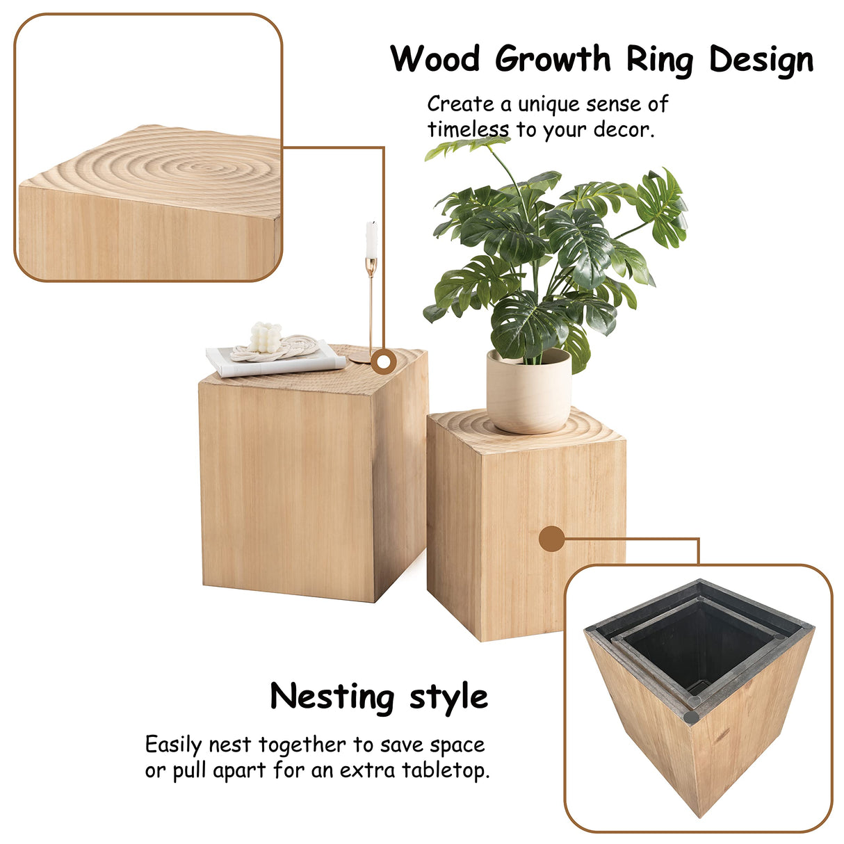 Tree Stump End Table Set of 2, Multiple Styling Layout with Wood Tree Ring Pattern