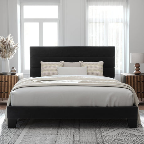 King Size Platform Bed Frame with Velvet Upholstered Headboard