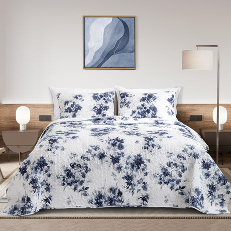 Cotton Quilt Set Queen Size Floral Quilts Navy Blue & White Bedding Sets, 3 Piece