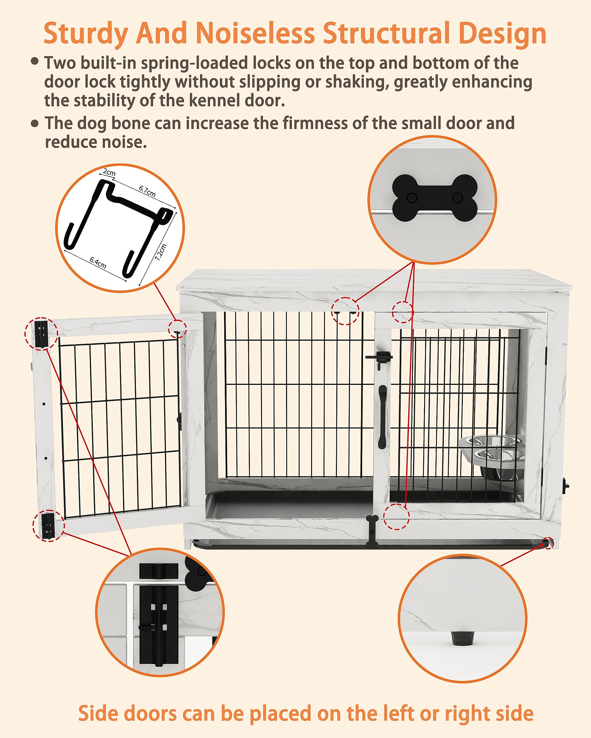 Wooden Dog Crate Furniture with 360°Rotatable Removable Dog Bowls, Dog Crate