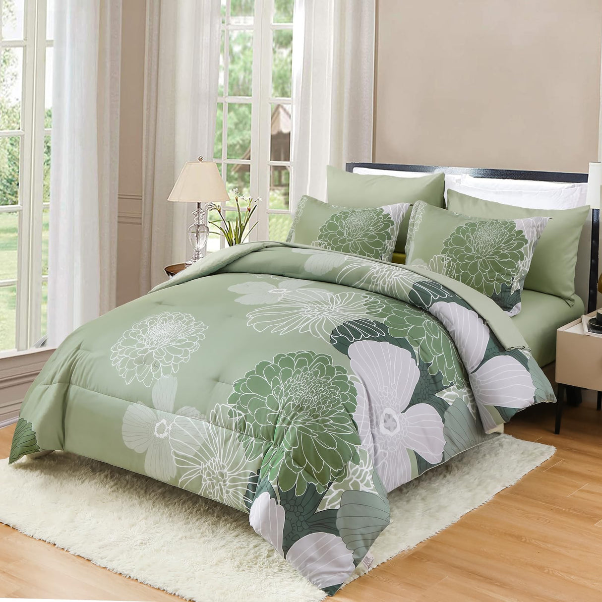 Bed in a Bag Green Comforter Set Queen Floral Comforter Soft Microfiber Bedding