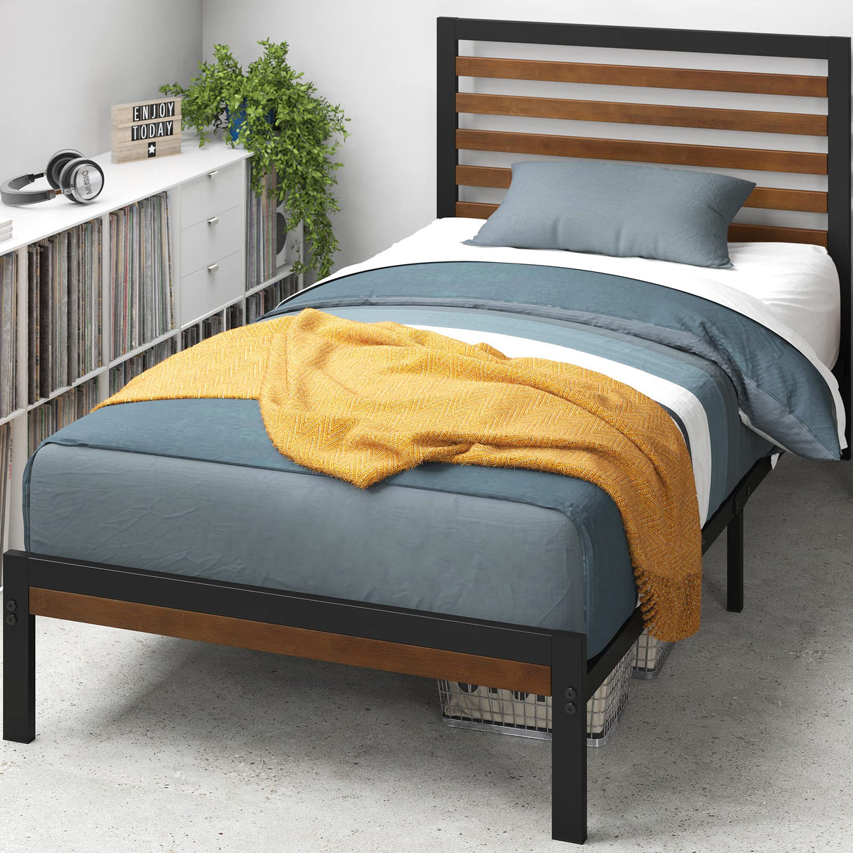 Kai Bamboo and Metal Platform Bed Frame with Headboard / No Box Spring Needed