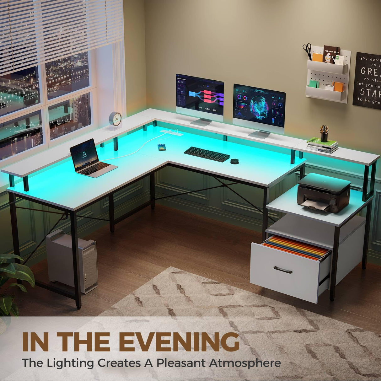 68" L Shaped Desk with Power Outlet & LED Strip