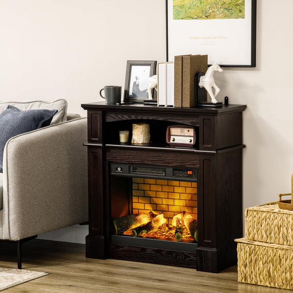 32" Electric Fireplace with Mantel, Freestanding Heater with LED Log Flame