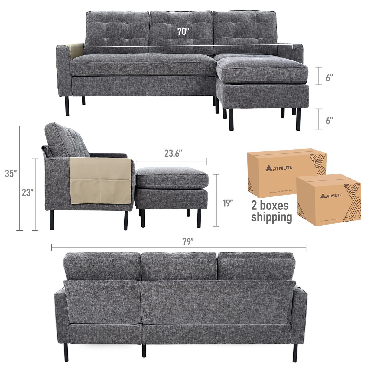 Sectional Sofa Couch Converible - L Shaped Sofa Adult Size with Chenille Fabric