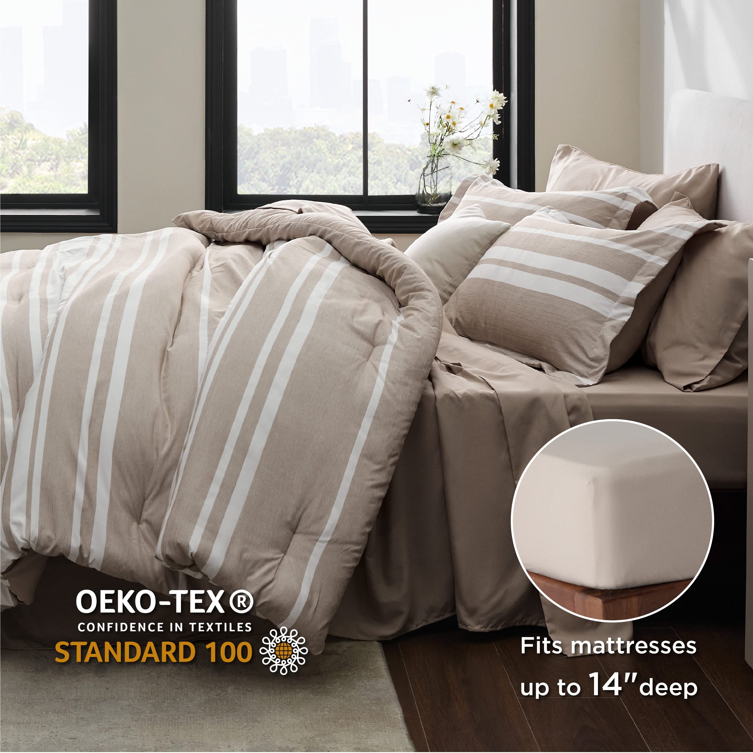 Bed in a Bag Twin Size 5 Pieces, Khaki White Striped Bedding Comforter Sets All Season Bed Set