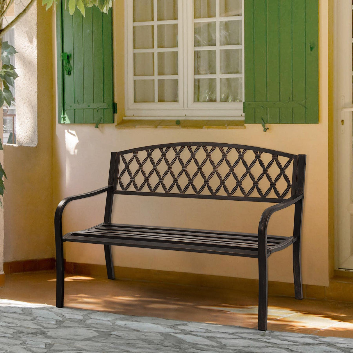 Garden Bench Patio Park Bench, Larger Size Cast Iron Metal Frame Porch Bench