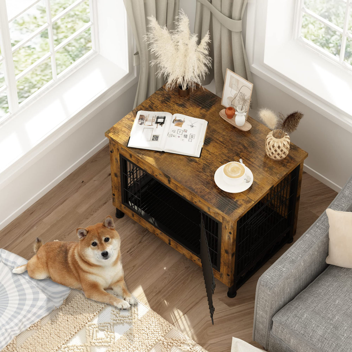 Wooden Dog Crate Furniture with 3 Doors, Dog Crate End Table with Tray