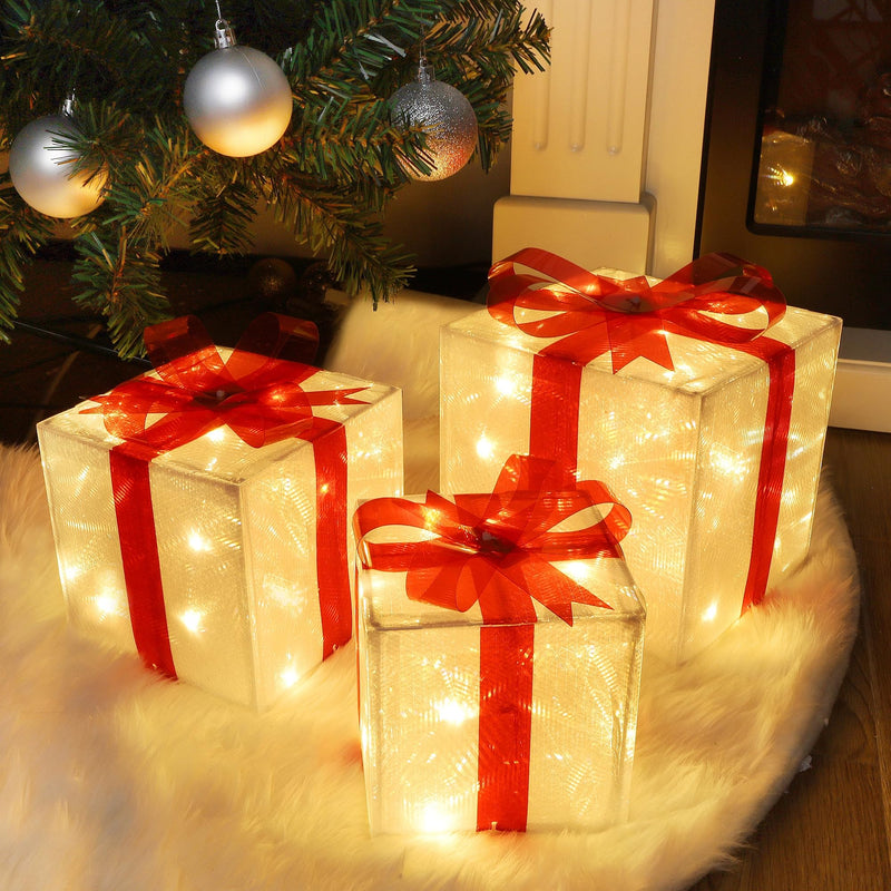 Christmas Lighted Gift Boxes Decorations, Pre-lit Light Up Decorative PVC Present Box