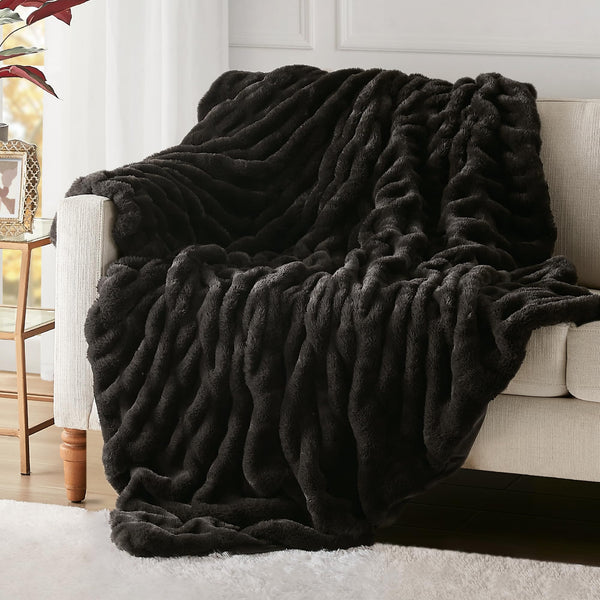 Luxury Ruched Faux Fur Throw Blanket Ultra Soft Cozy Puzzy Throw Plush Black Mink Blankets
