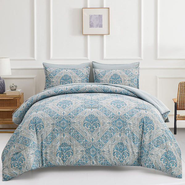 Blue Comforter Set  Damask Pattern Bed in a Bag Boho Paisley Bedding