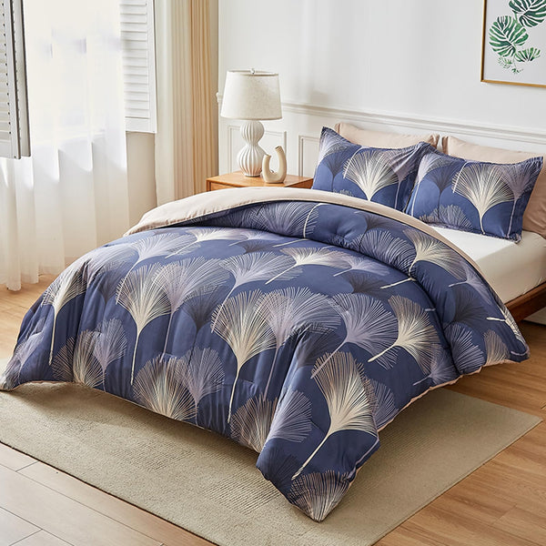 Navy Leaf Comforter Set King(91'' x 102'') Size Whole Piece Filling Light Weight Comforter