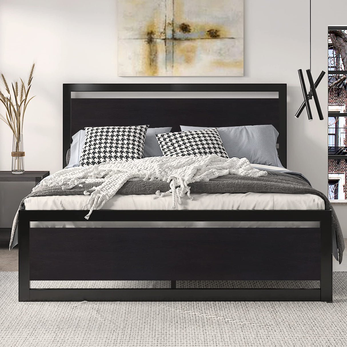 Bed Frame with Modern Wooden Headboard/Heavy Duty Platform Metal Bed Frame