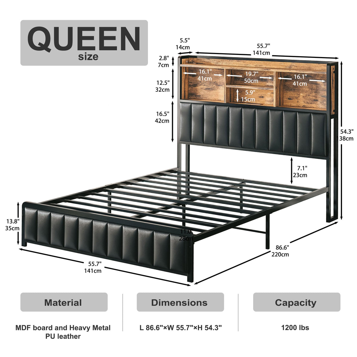 Queen Bed Frame with Upholstered Headboard and LED Light, Strong Platform Bed