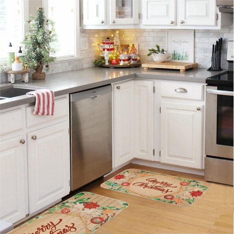 Christmas Kitchen Rug Sets 2 Piece Merry Christmas Flax Waterproof Non-Slip Kitchen Mats
