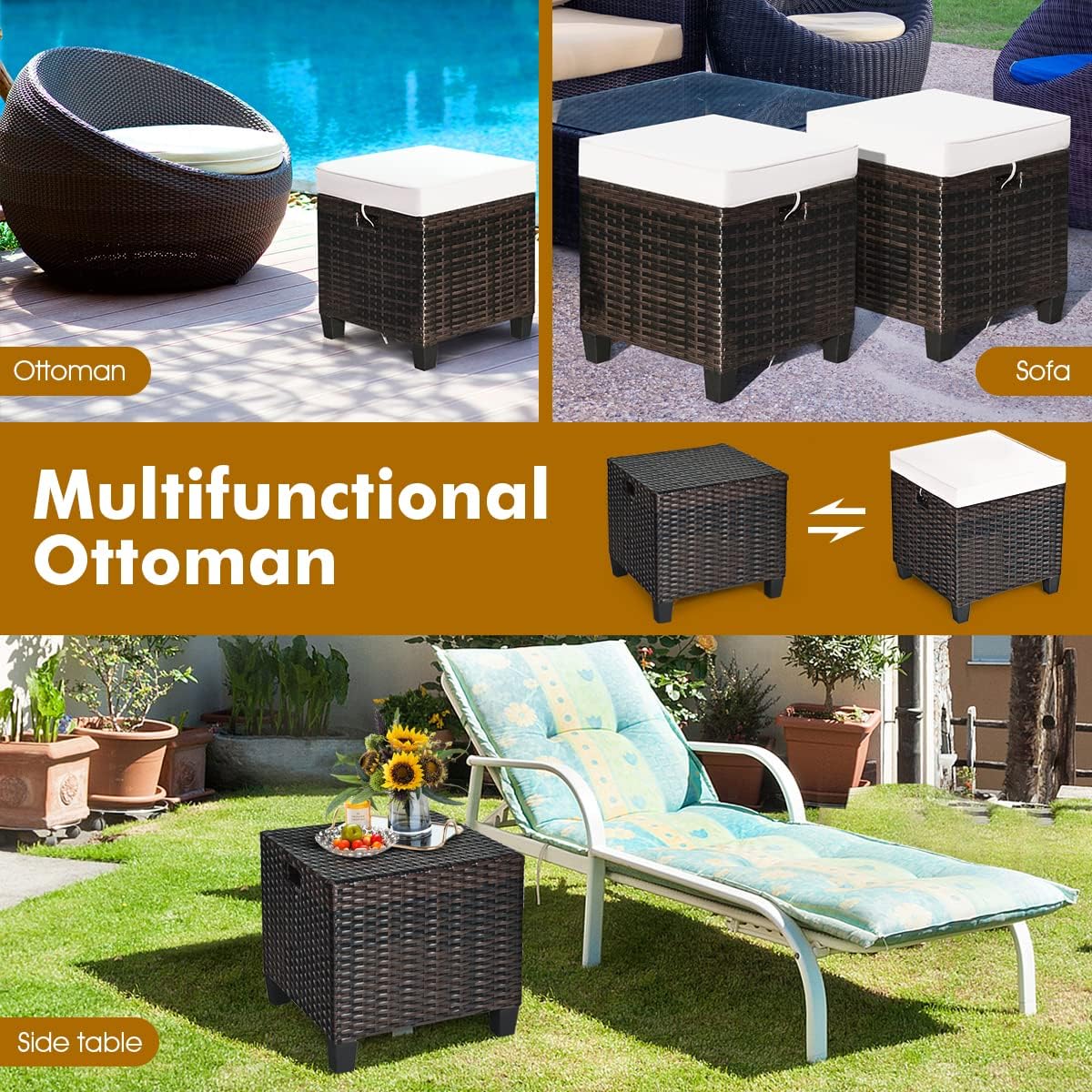 Hysache Outdoor Patio Ottoman Set of 2, All Weather Rattan Ottoman Set