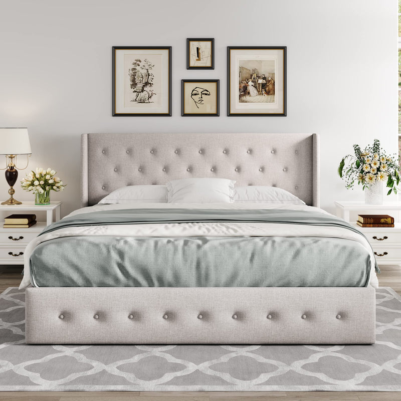 King Size Lift Up Storage Bed, Button Tufted Headboard with Wingback, No Box Spring Needed