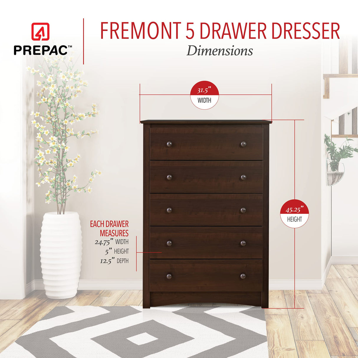 Fremont Superior 5-Drawer Chest for Bedroom - Spacious and Stylish Chest of Drawers