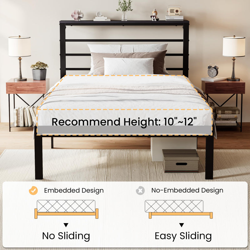 Twin Size Bed Frame with Headboard Shelf, Heavy Duty Platform Bed Frame