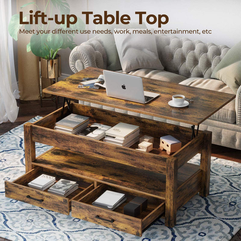Lift Top Coffee Table with Drawers and Hidden Compartment, Retro Central Table with Wooden Lift Tabletop