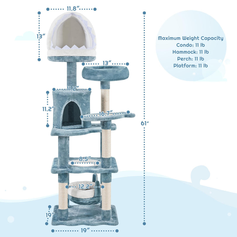Cat Tree Ocean-Themed Cat Tower 61in, Multi-Level Cat Climbing Tree with Condo