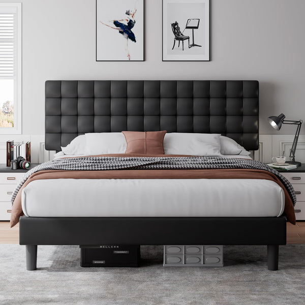 King Size Platform Bed Frame, Faux Leather Upholstered Bed Frame with Square Tufted