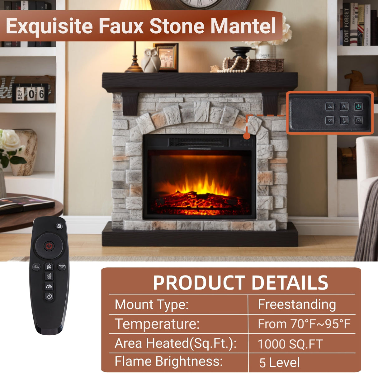 Electric Fireplace with Mantel, 40”W Faux-Stone Fireplace Mantel