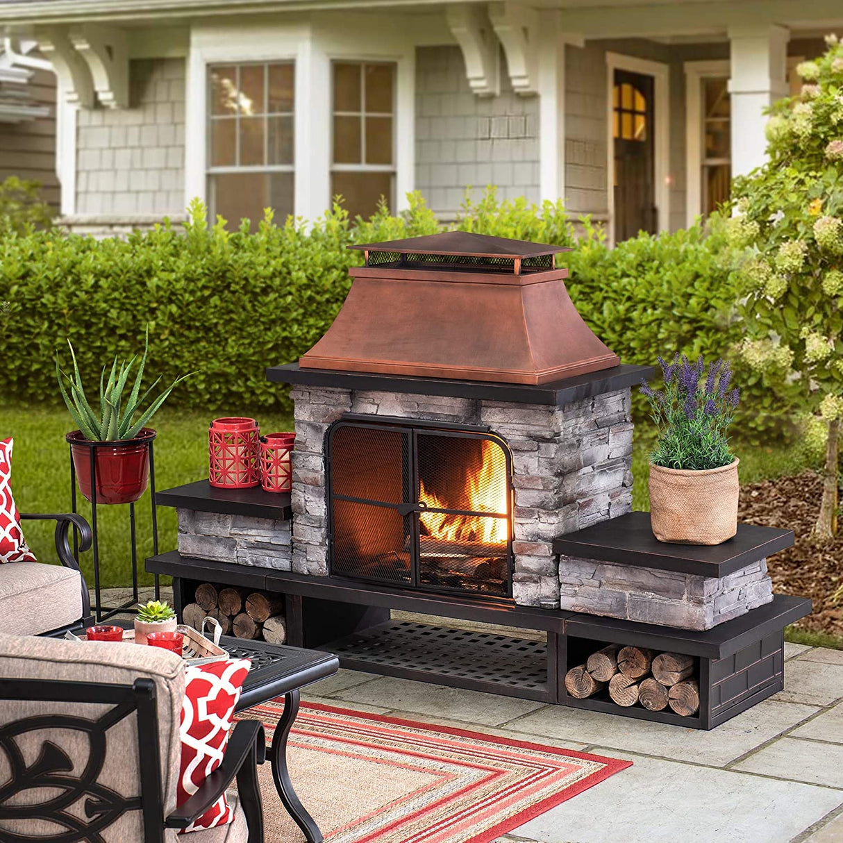 Outdoor Fireplace, Patio Wood Burning Fireplace with Steel Chimney