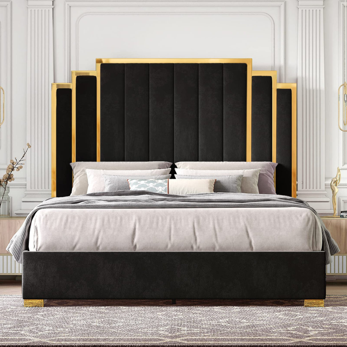 King Size Bed Frame and 65" Headboard, Upholstered Bed with Golden Plating Trim