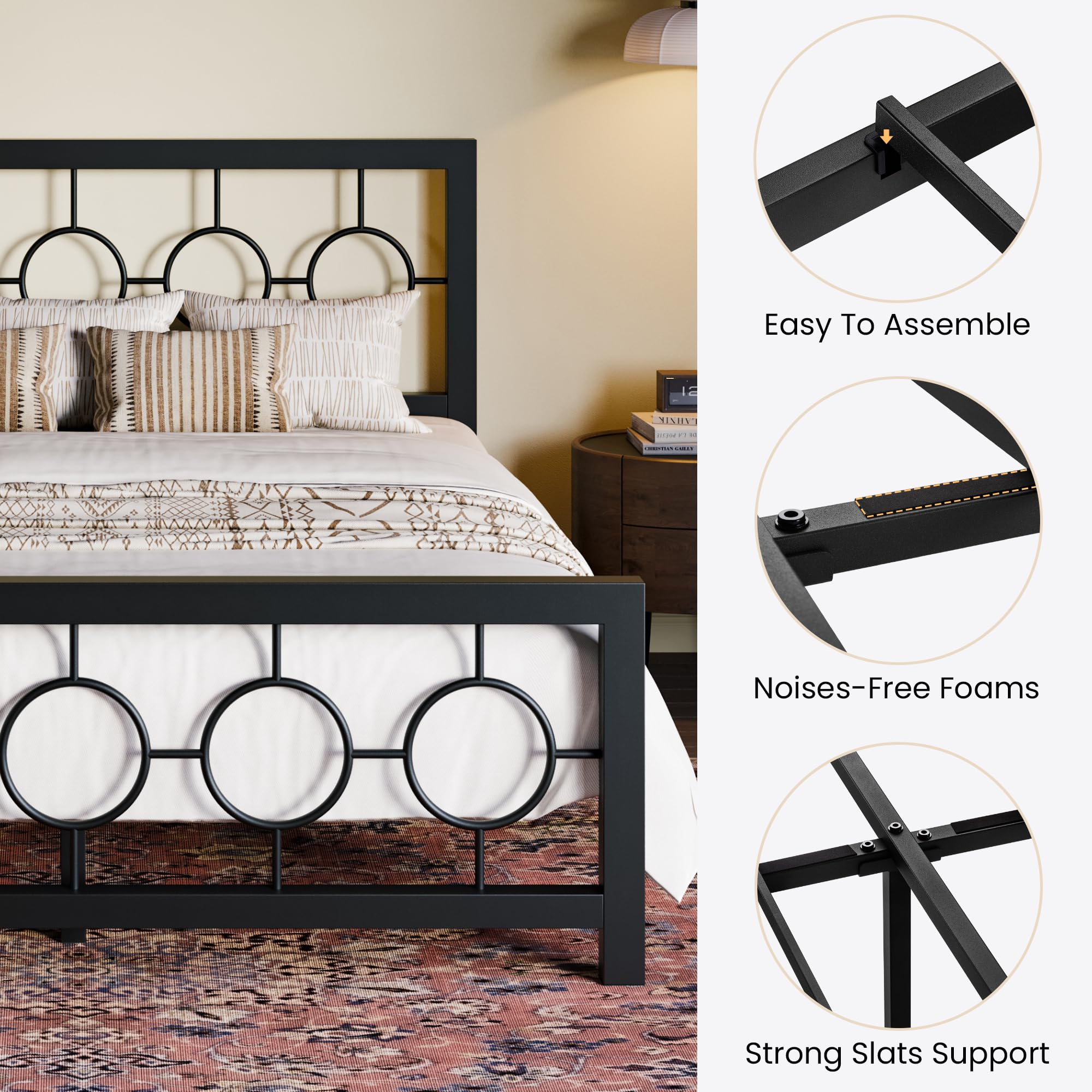 Queen Size Metal Bed Frame with Vintage Circular Design Headboard and Footboard