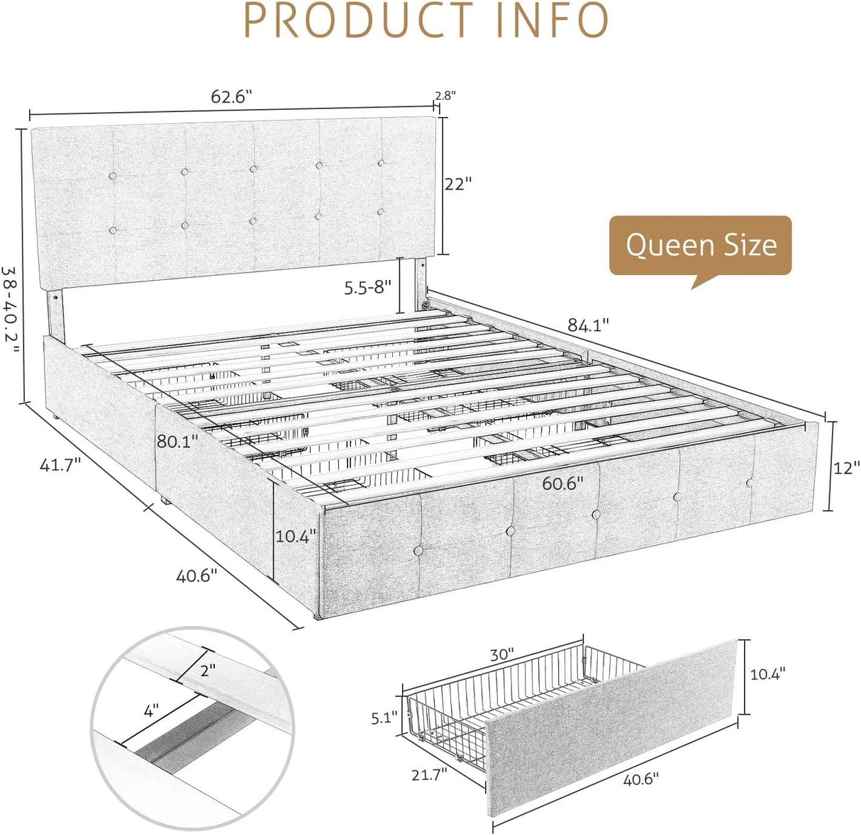 Upholstered Queen Platform Bed Frame with Adjustable Headboard and 4 Drawers Under