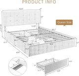 Upholstered Queen Platform Bed Frame with Adjustable Headboard and 4 Drawers Under