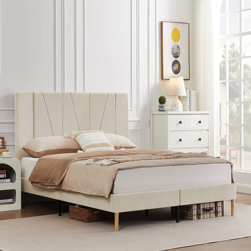 King Size Bed Frame Upholstered Platform with Complete Headboard and Strong Wooden